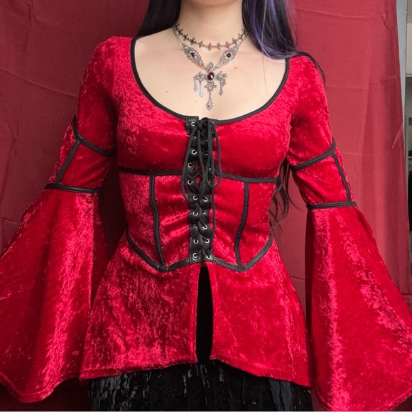 Rare vintage Lip Service crushed red velvet corset style milkmaid high low top